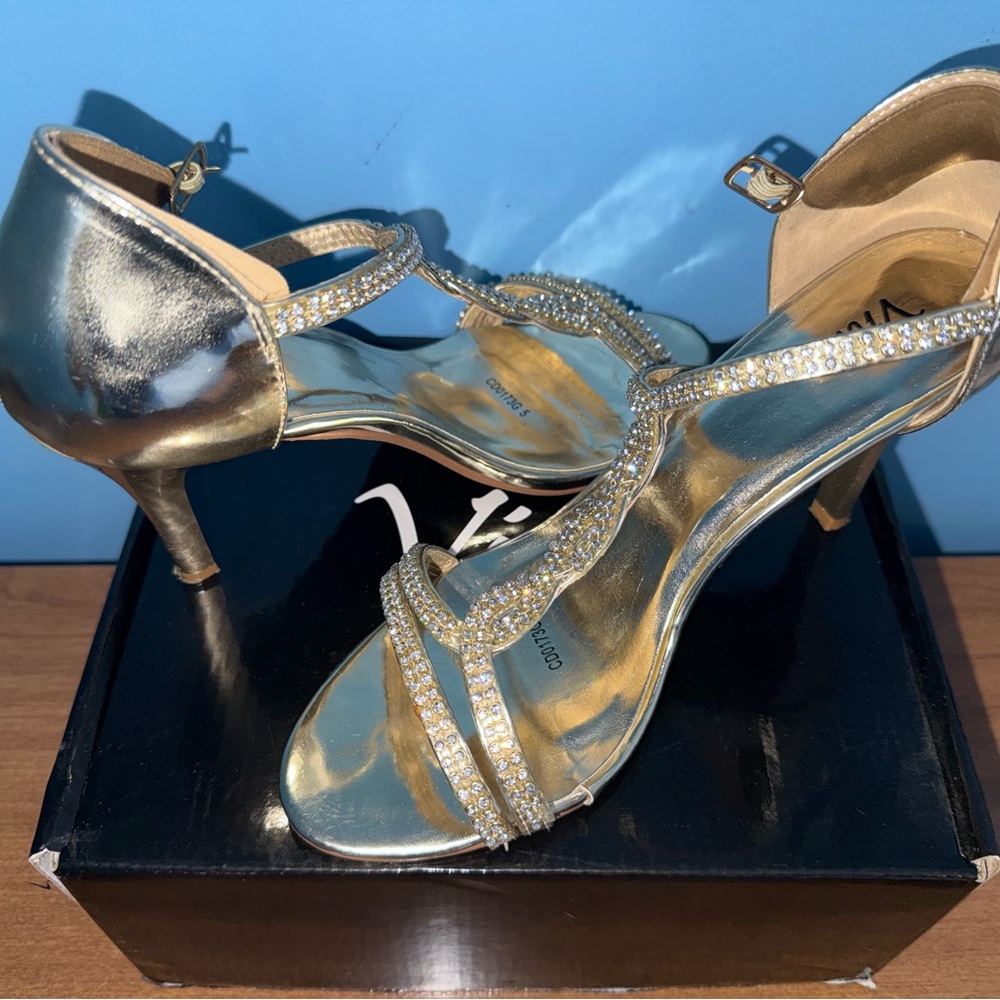 VivaCouture Gold Rhinestone Strappy Heels